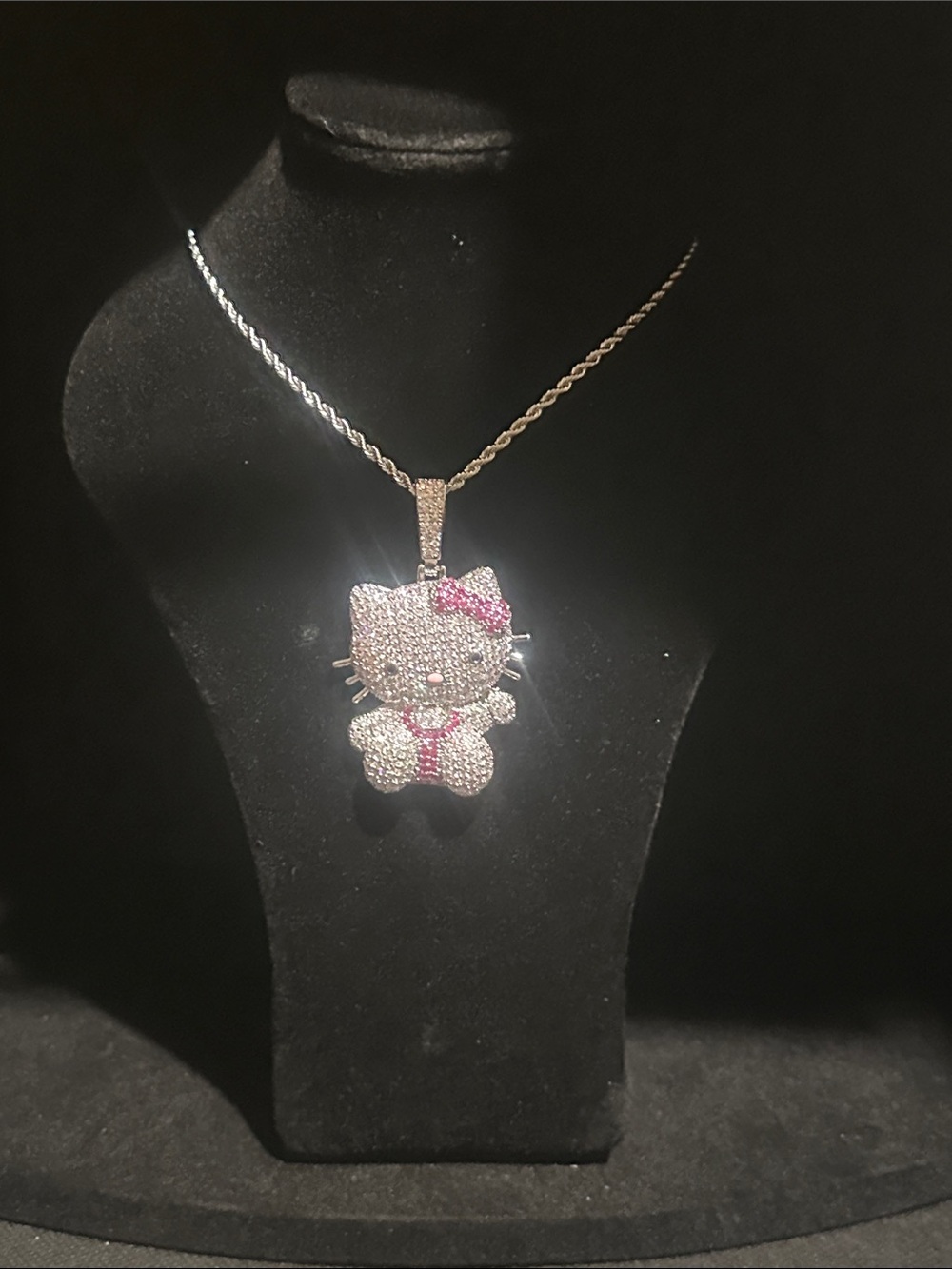 Crystal Hello Kitty Pendant Necklace in Silver and Pink